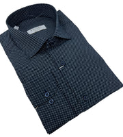 DMITRY Navy Patterned Italian Cotton Men's Long Sleeve Shirt (Online Exclusive)