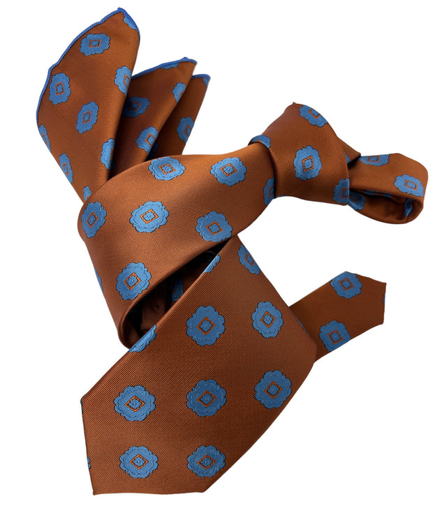 DMITRY Men's Orange Patterned Italian Silk Tie & Pocket Square Set