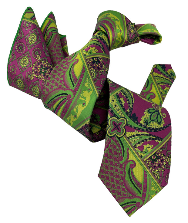 DMITRY 7-Fold Men's Fuchsia/Green Patterned Italian Silk Tie & Pocket Square Set