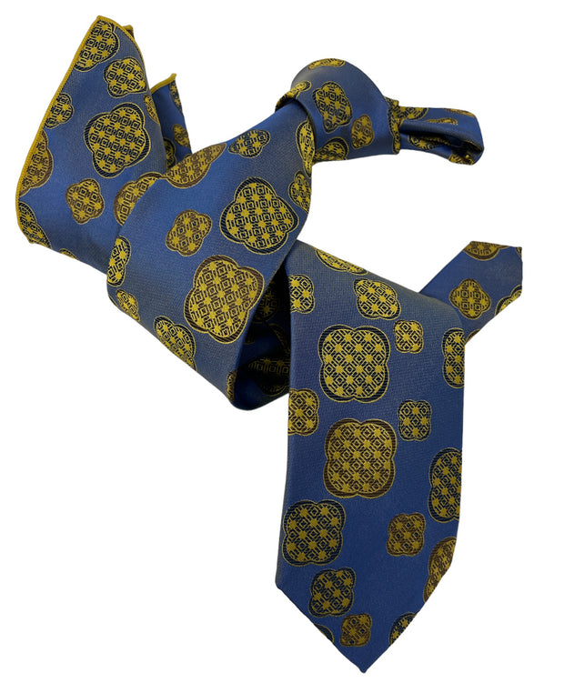 DMITRY 7-Fold Men's Blue Patterned Italian Silk Tie & Pocket Square Set