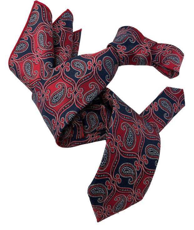DMITRY Men's Red/Navy Patterned Italian Silk Tie & Pocket Square Set