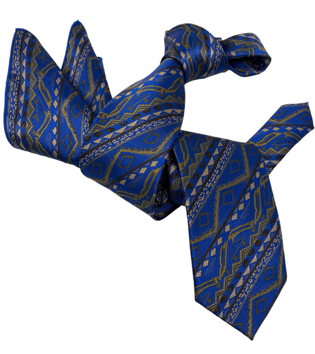 DMITRY Men's Blue Patterned Italian Silk Tie & Pocket Square Set