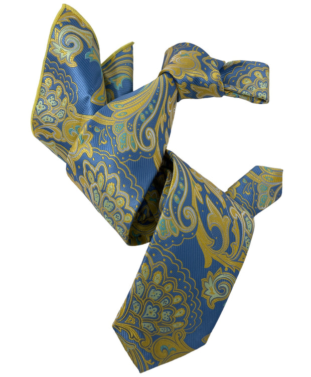 DMITRY 7-Fold Men's Light Blue Patterned Italian Silk Tie & Pocket Square Set