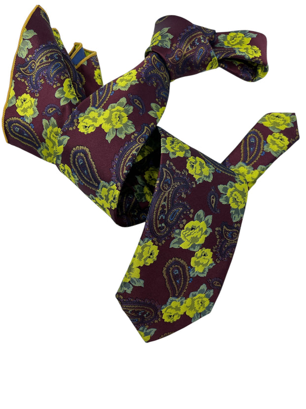 DMITRY Men's Burgundy Patterned Italian Silk Tie & Pocket Square Set - Limited Edition