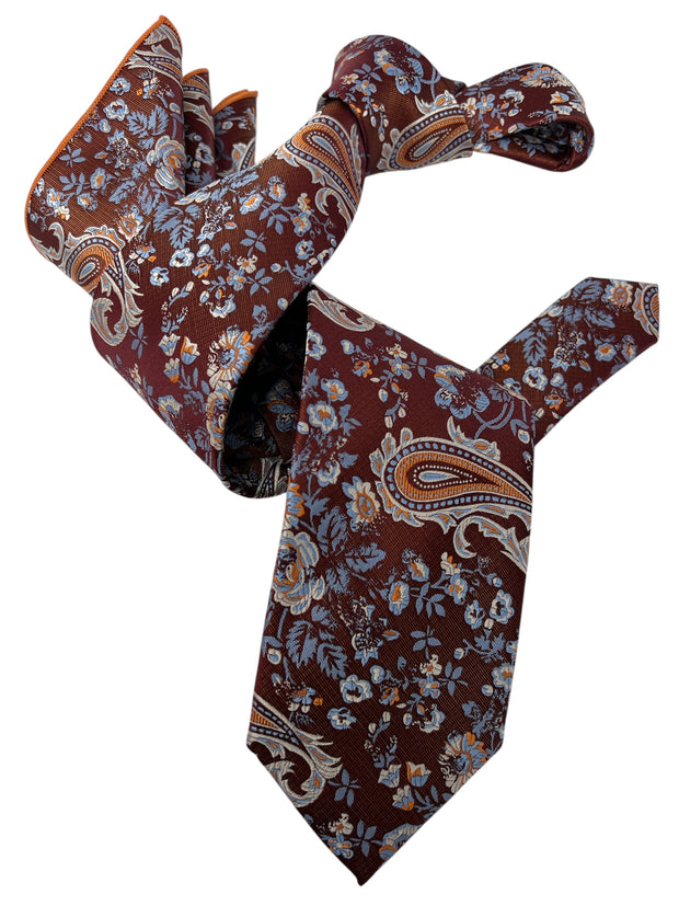 DMITRY Men's Rust Orange Patterned Italian Silk Tie & Pocket Square Set - Limited Edition