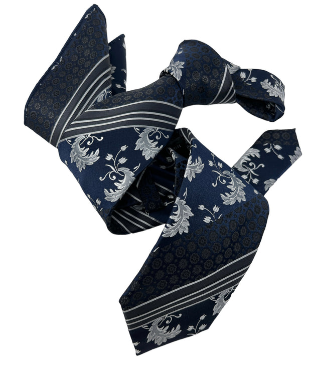 DMITRY Men's Navy/Silver Patterned Italian Silk Tie & Pocket Square Set