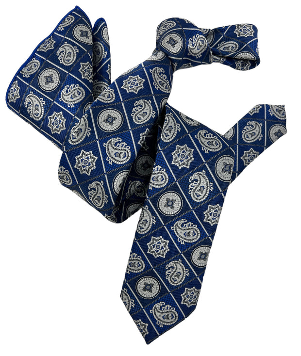 Dmitry Men's Blue Patterned Italian Silk Semi Skinny Tie & Pocket Square Set