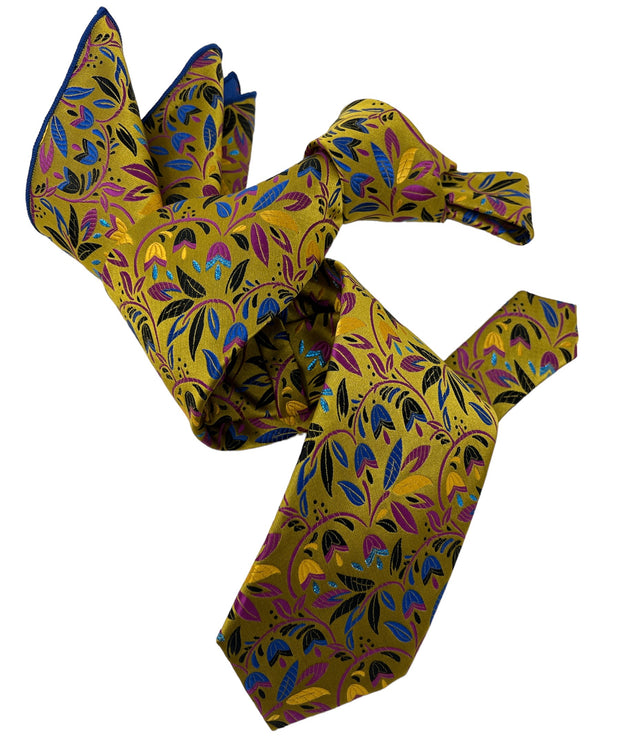 DMITRY 7-Fold Men's Gold Patterned Italian Silk Tie & Pocket Square Set