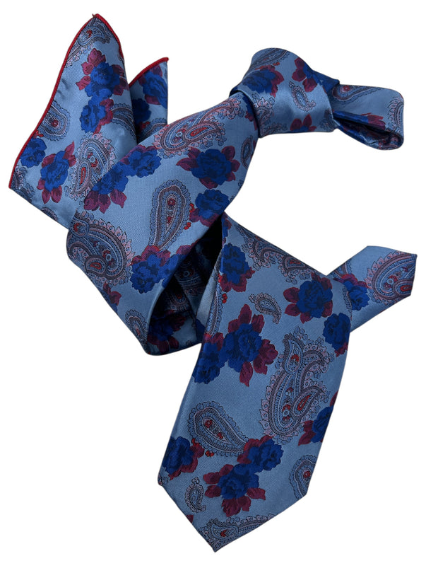 DMITRY Men's Blue Patterned Italian Silk Tie & Pocket Square Set - Limited Edition