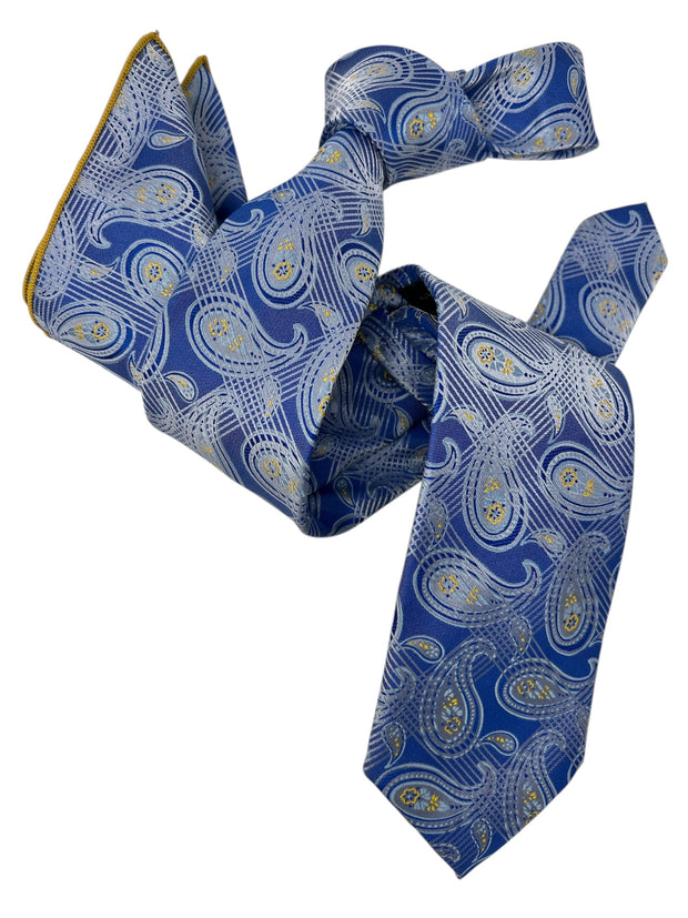 DMITRY Men's Blue Paisley Patterned Italian Silk Tie & Pocket Square Set - Limited Edition