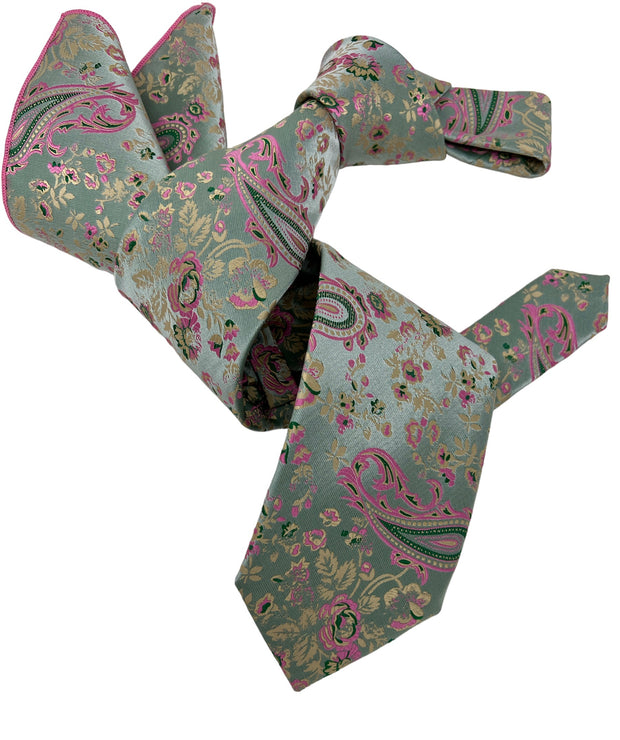 DMITRY 7-Fold Men's Teal/Pink Patterned Italian Silk Tie & Pocket Square Set