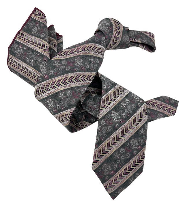 DMITRY Men's Grey Patterned Italian Silk Tie & Pocket Square Set
