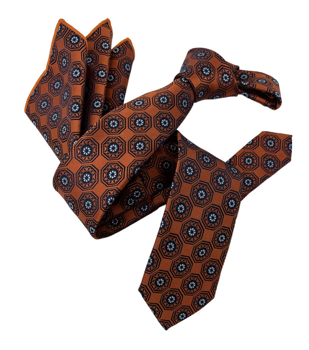 Dmitry Men's Rust Orange Patterned Italian Silk Semi Skinny Tie & Pocket Square Set