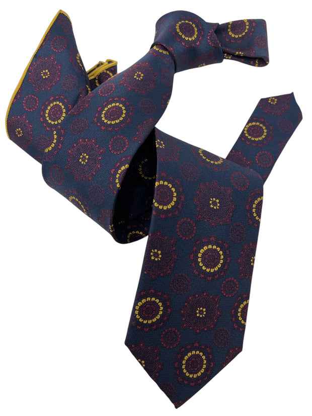 DMITRY Men's Navy Patterned Italian Silk Tie & Pocket Square Set - Limited Edition