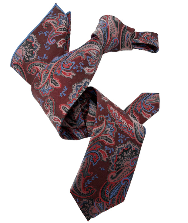 DMITRY 7-Fold Men's Scarlet Red Patterned Italian Silk Tie & Pocket Square Set