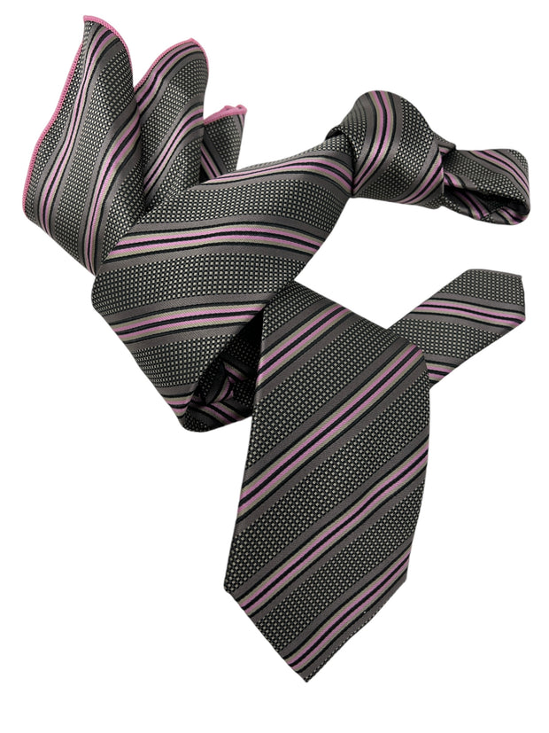 DMITRY Men's Grey Striped Italian Silk Tie & Pocket Square Set