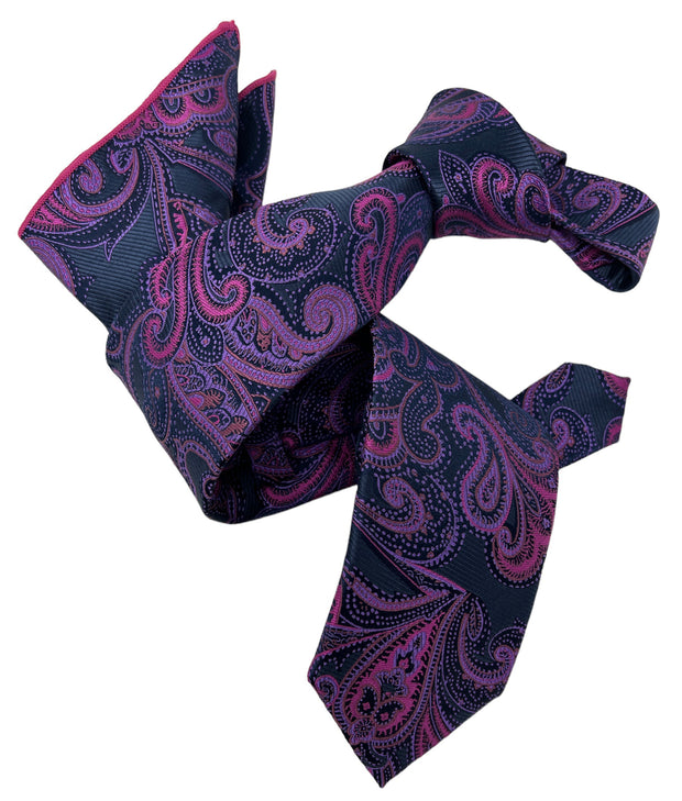 DMITRY Men's Purple/Navy Patterned Italian Silk Tie & Pocket Square Set