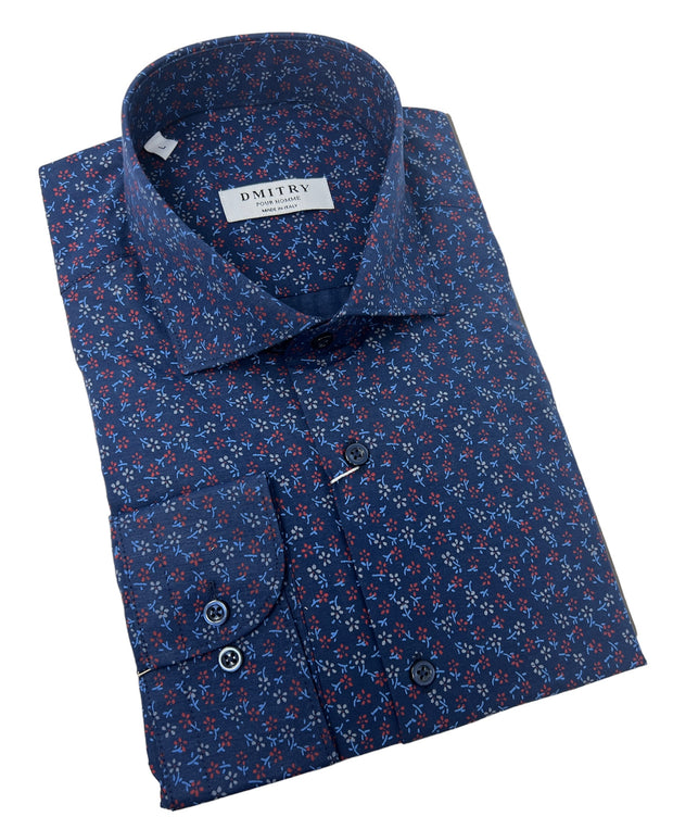 DMITRY Blue Patterned Italian Cotton Men's Long Sleeve Shirt (Online Exclusive)