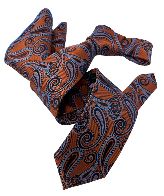 DMITRY Men's Orange Paisley Patterned Italian Silk Tie & Pocket Square Set