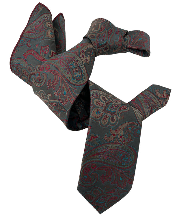 DMITRY 7-Fold Men's Khaki Patterned Italian Silk Tie & Pocket Square Set