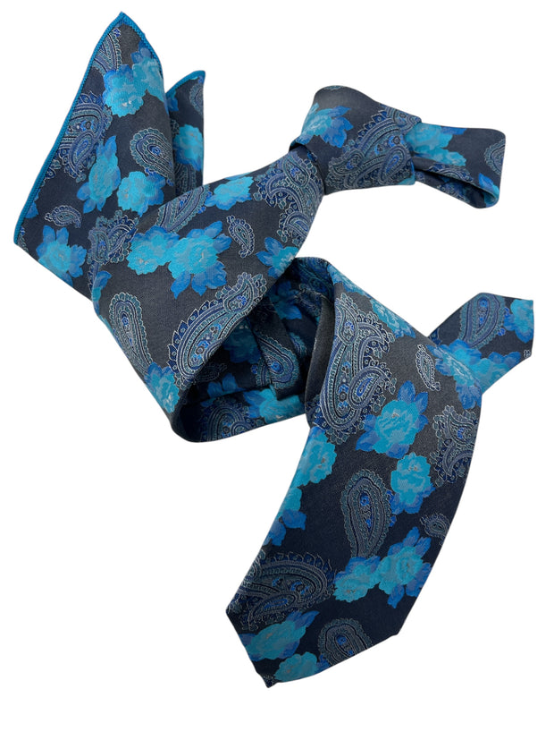 DMITRY Men's Blue Patterned Italian Silk Tie & Pocket Square Set - Limited Edition