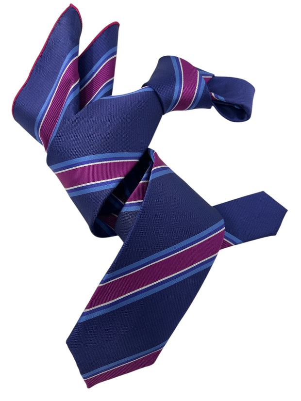 DMITRY Men's Purple Striped Italian Silk Tie & Pocket Square Set - Limited Edition