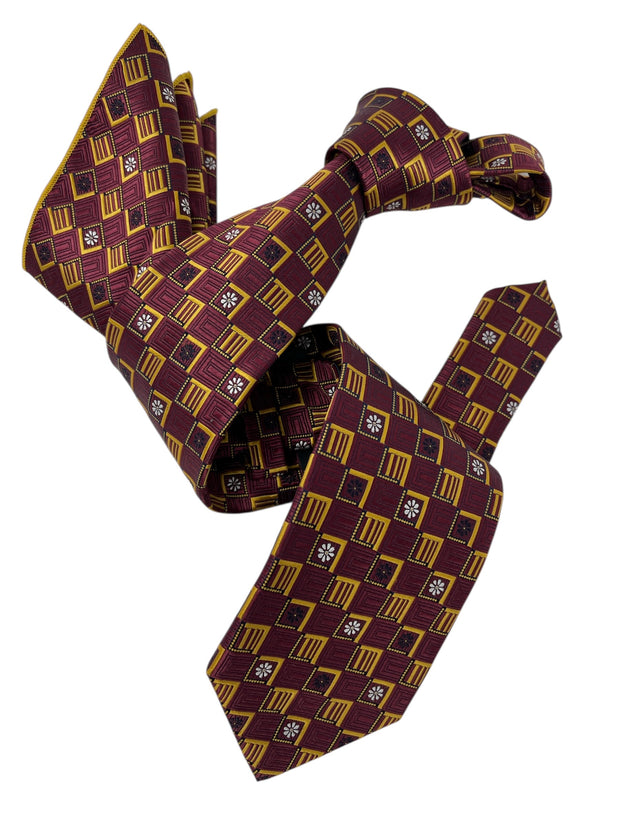 DMITRY Men's Burgundy Patterned Italian Silk Tie & Pocket Square Set - Limited Edition