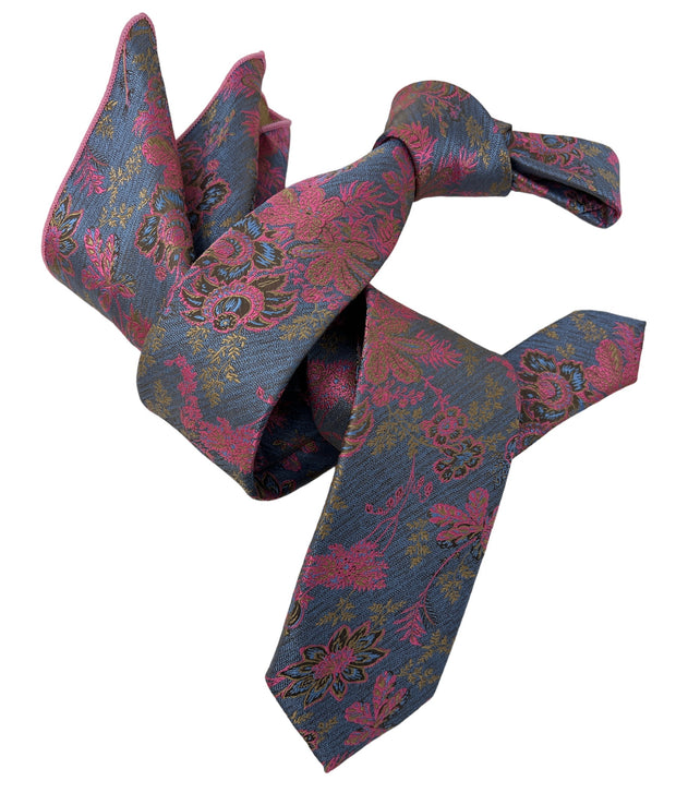 DMITRY Men's Blue/Pink Patterned Italian Silk Semi Skinny Tie & Pocket Square Set