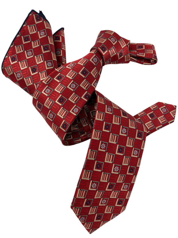 DMITRY Men's Red Patterned Italian Silk Tie & Pocket Square Set - Limited Edition