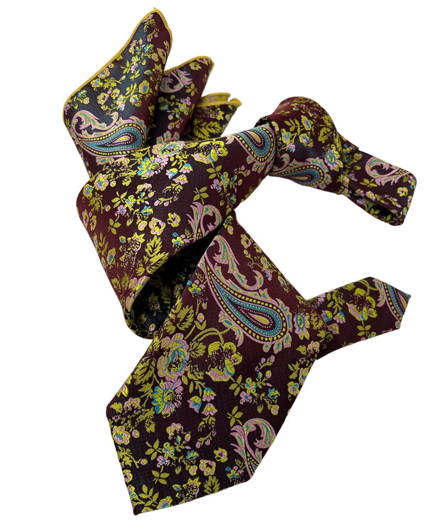 DMITRY 7-Fold Men's Maroon Patterned Italian Silk Tie & Pocket Square Set