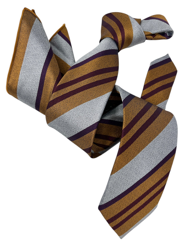 DMITRY Men's Orange/Grey Striped Italian Silk Tie & Pocket Square Set - Limited Edition