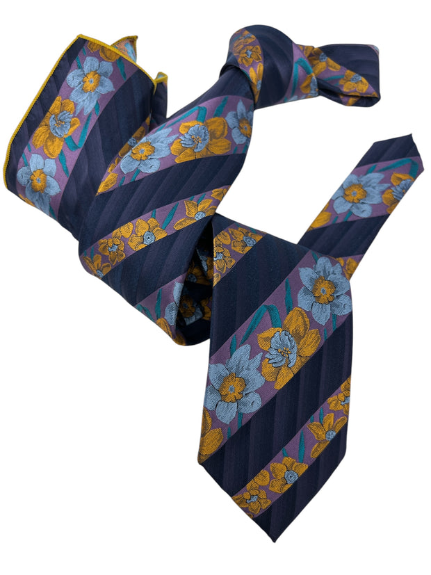 DMITRY Men's Purple/Navy Patterned Italian Silk Tie & Pocket Square Set - Limited Edition