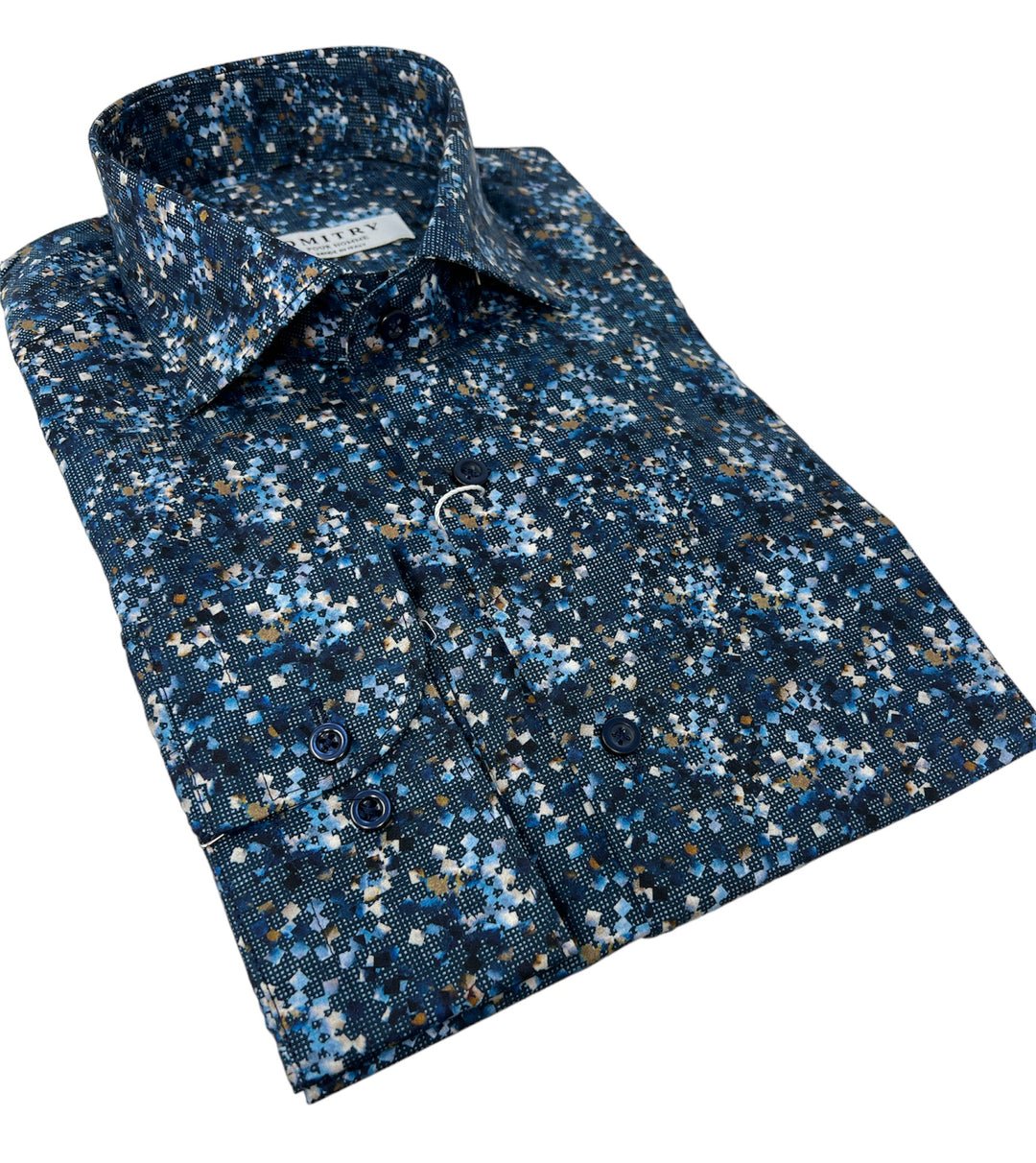 Dmitry Blue Patterned Italian Cotton Men's Long Sleeve Shirt (Online Exclusive) M 15-15.5 32/33