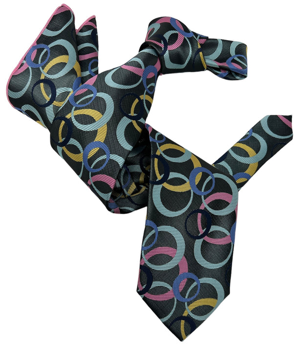 DMITRY 7-Fold Men's Grey Patterned Italian Silk Tie & Pocket Square Set