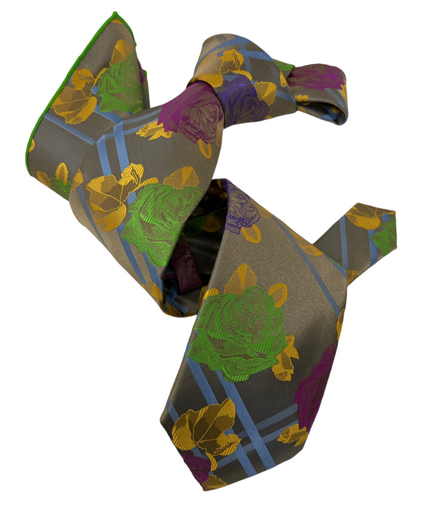 DMITRY 7-Fold Men's Tan Patterned Italian Silk Tie & Pocket Square Set