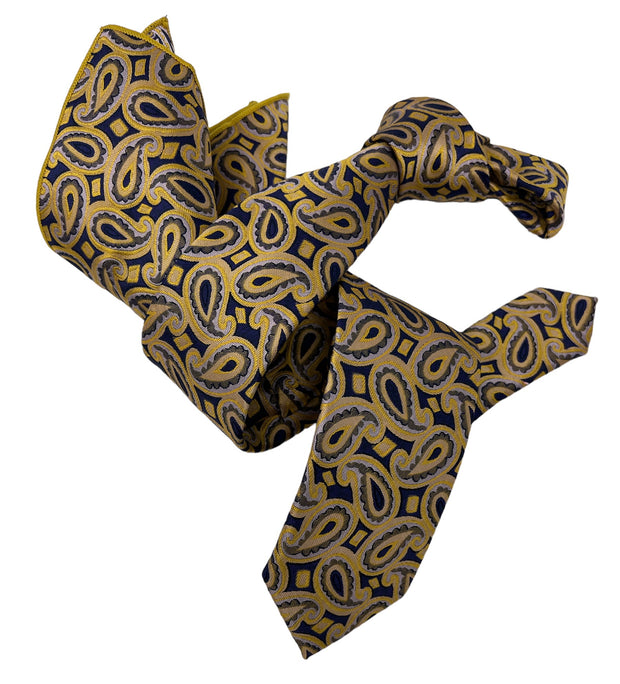 DMITRY Men's Gold Patterned Italian Silk Semi Skinny Tie & Pocket Square Set