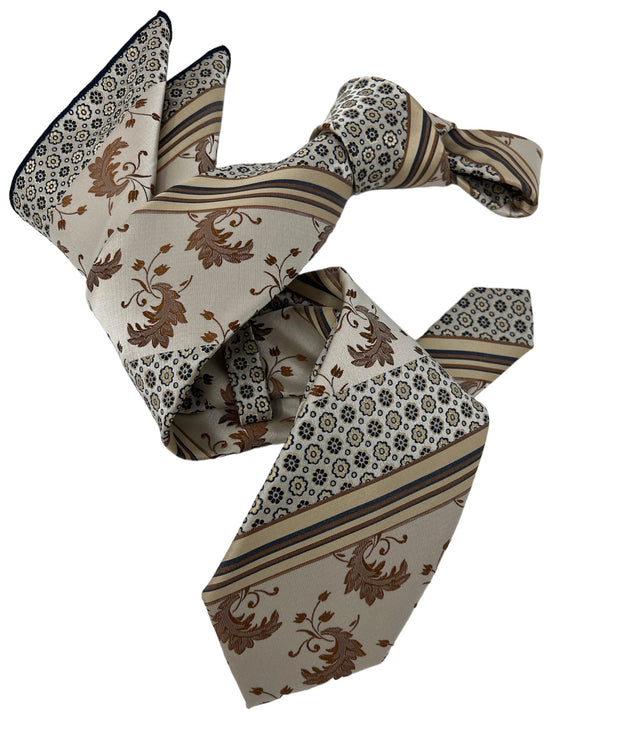 DMITRY Men's Ivory Patterned Italian Silk Tie & Pocket Square Set