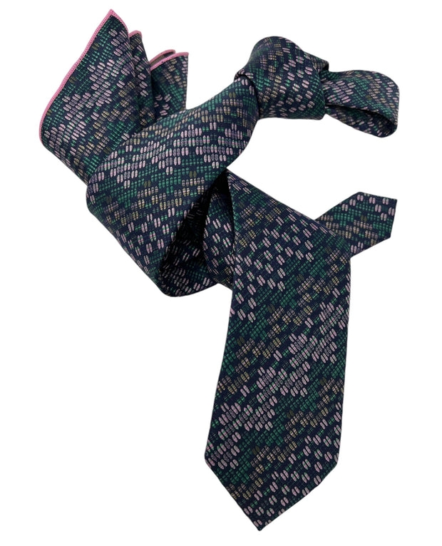 DMITRY Men's Pink/Green Patterned Italian Silk Tie & Pocket Square Set