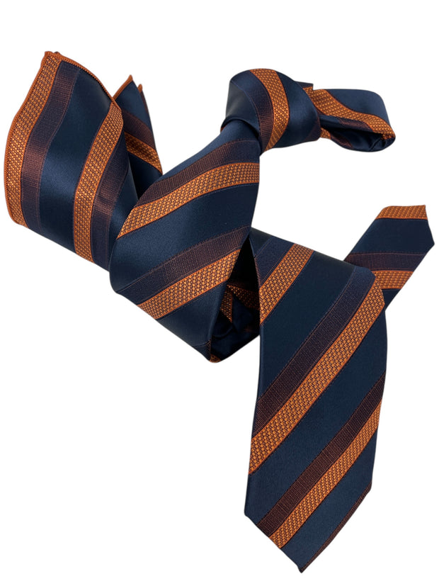 DMITRY Men's Orange/Navy Striped Italian Silk Tie & Pocket Square Set - Limited Edition