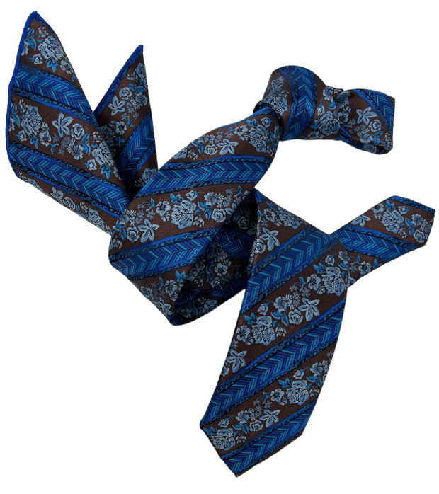 DMITRY Men's Blue/Brown Patterned Italian Silk Semi Skinny Tie & Pocket Square Set