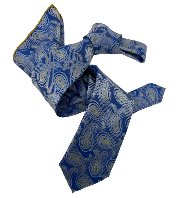 DMITRY Men's Blue Patterned Italian Silk Tie & Pocket Square Set