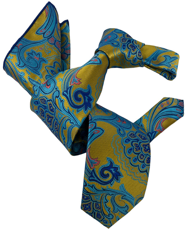 DMITRY 7-Fold Men's Gold/Teal Patterned Italian Silk Tie & Pocket Square Set