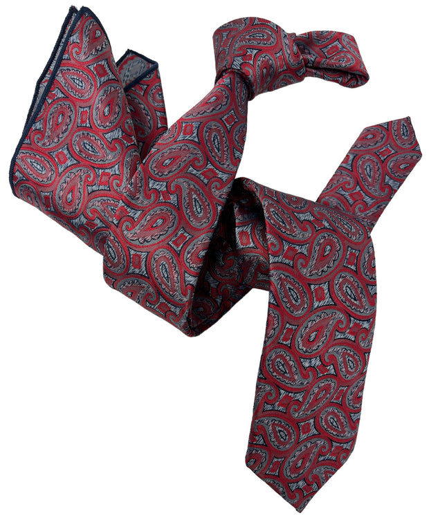 DMITRY Men's Red Patterned Italian Silk Semi Skinny Tie & Pocket Square Set