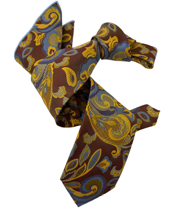DMITRY 7-Fold Men's Caramel Brown Patterned Italian Silk Tie & Pocket Square Set