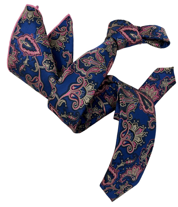 DMITRY Men's Blue Patterned Italian Silk Semi Skinny Tie & Pocket Square Set