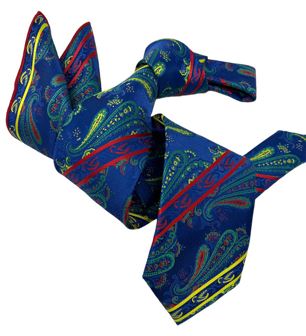 DMITRY 7-Fold Men's Royal Blue Patterned Italian Silk Tie & Pocket Square Set