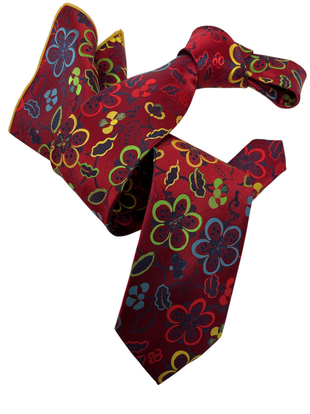 DMITRY Men's Red Patterned Italian Silk Tie & Pocket Square Set - Limited Edition