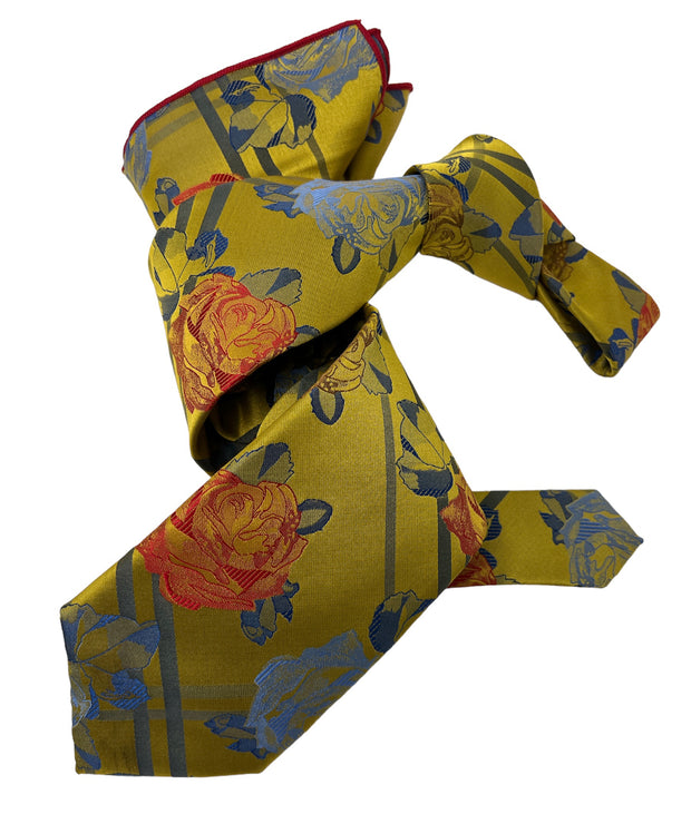 DMITRY 7-Fold Men's Yellow Patterned Italian Silk Tie & Pocket Square Set