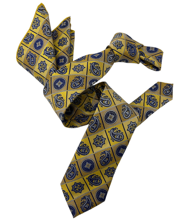 Dmitry Men's Yellow Patterned Italian Silk Semi Skinny Tie & Pocket Square Set