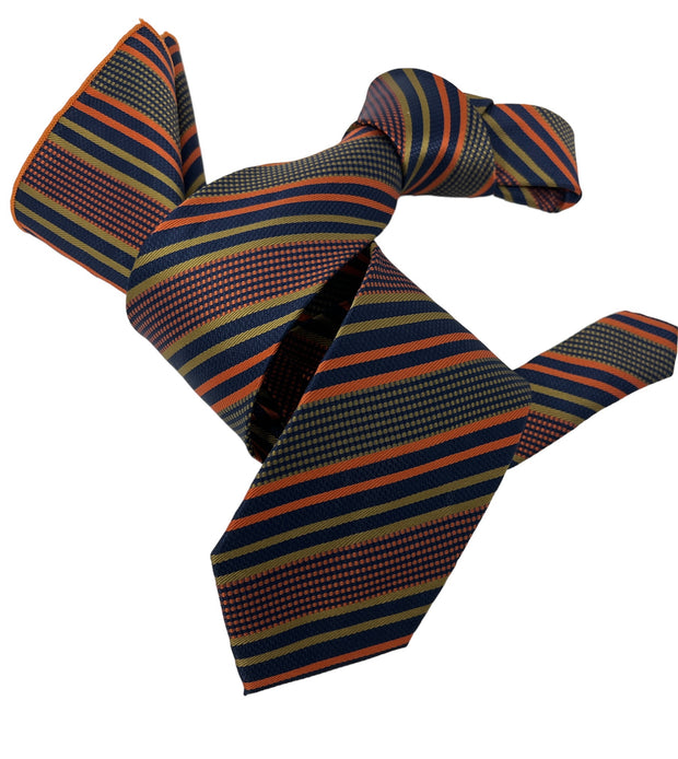 DMITRY Men's Orange Striped Italian Silk Tie & Pocket Square Set